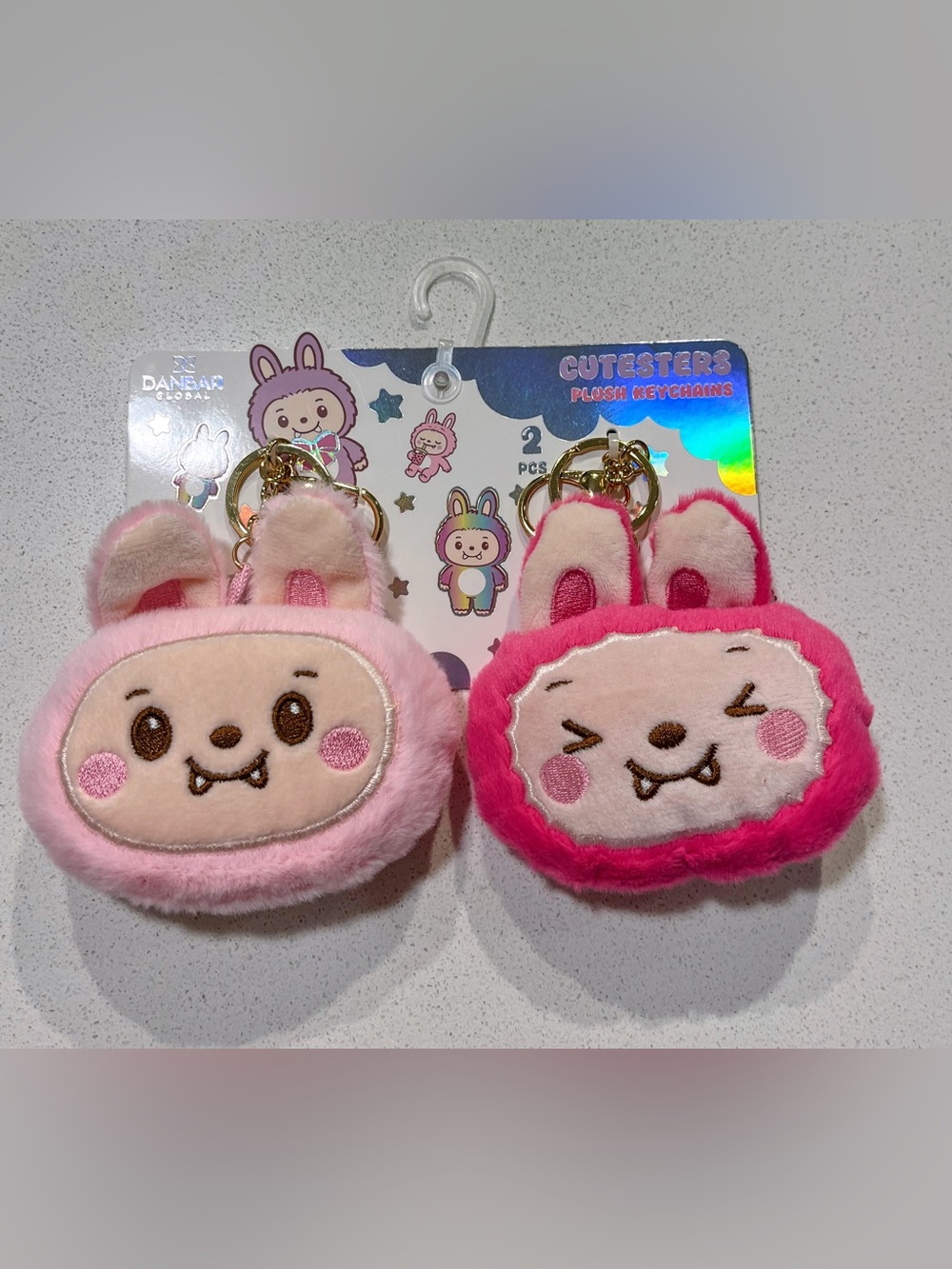 BACK TO SCHOOL Fun “Cuttester Plush Bunny” Keychain or Backpack Set 2-Pink/White